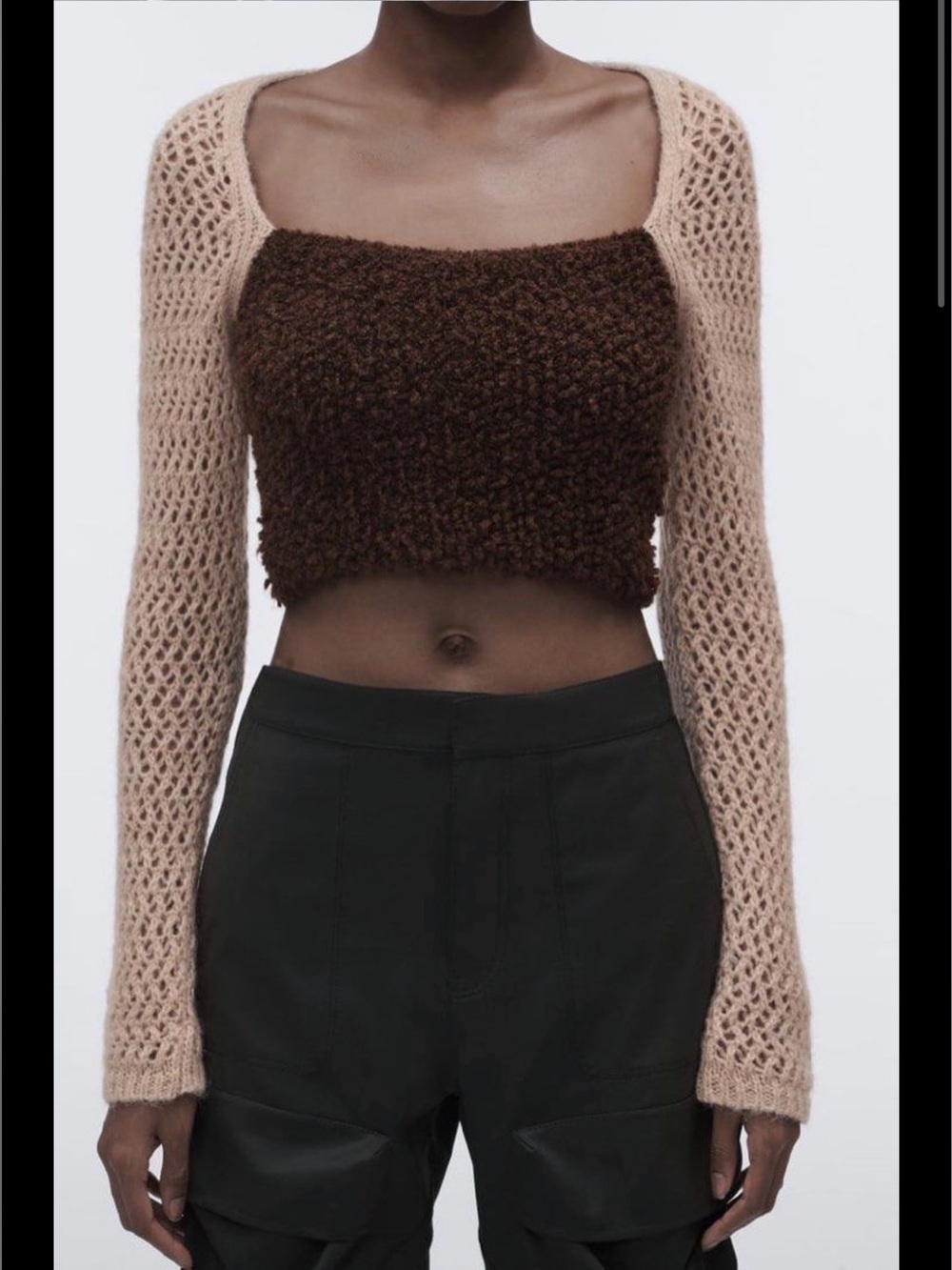 ZARA Beige Open-Knit - Crochet Bolero Shrug with Brown Textured Crop Top